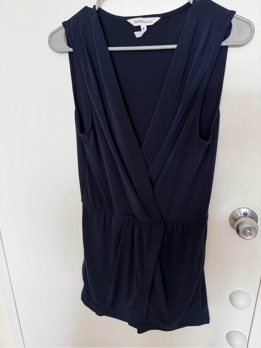 BCBGMaxAzria Navy Sleeveless Romper with Draped Front